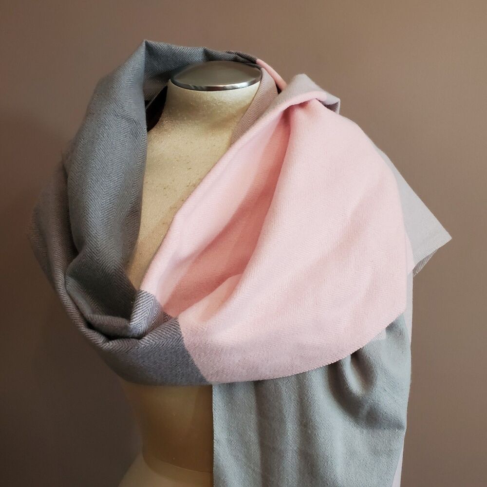 Shawl Wrap Scarf Pink Gray Plaid Reversible Fringe 24x70" Warm Barbie Preppy